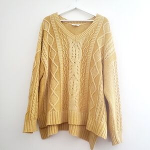TIME & TRUE Cable Knit V-Neck Sweater - Antique Mustard